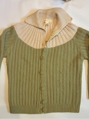 Two-Tone Shawl Collar Cable Cardigan in Cream and Sage Cozy Knit Sweater